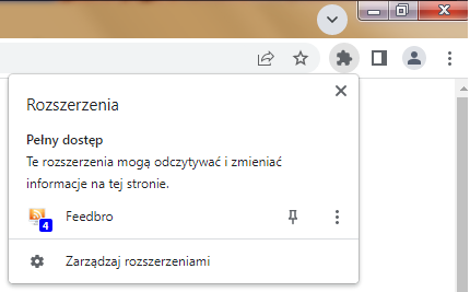 W Chrome należy kliknąć ikonę rozszerzeń, aby zobaczyć ikonę feedbro. Liczba w niebieskim prostokącie informuje nas o tym, że na wybranych przez Ciebie stronach są nowe wpisy.